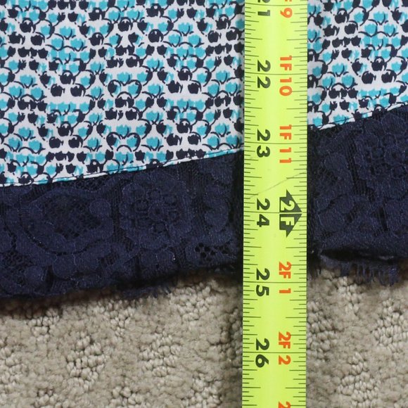 ana Size S Teal & Navy Printed Sleeveless Scooped Neck Lace Hem Top - Picture 6 of 6